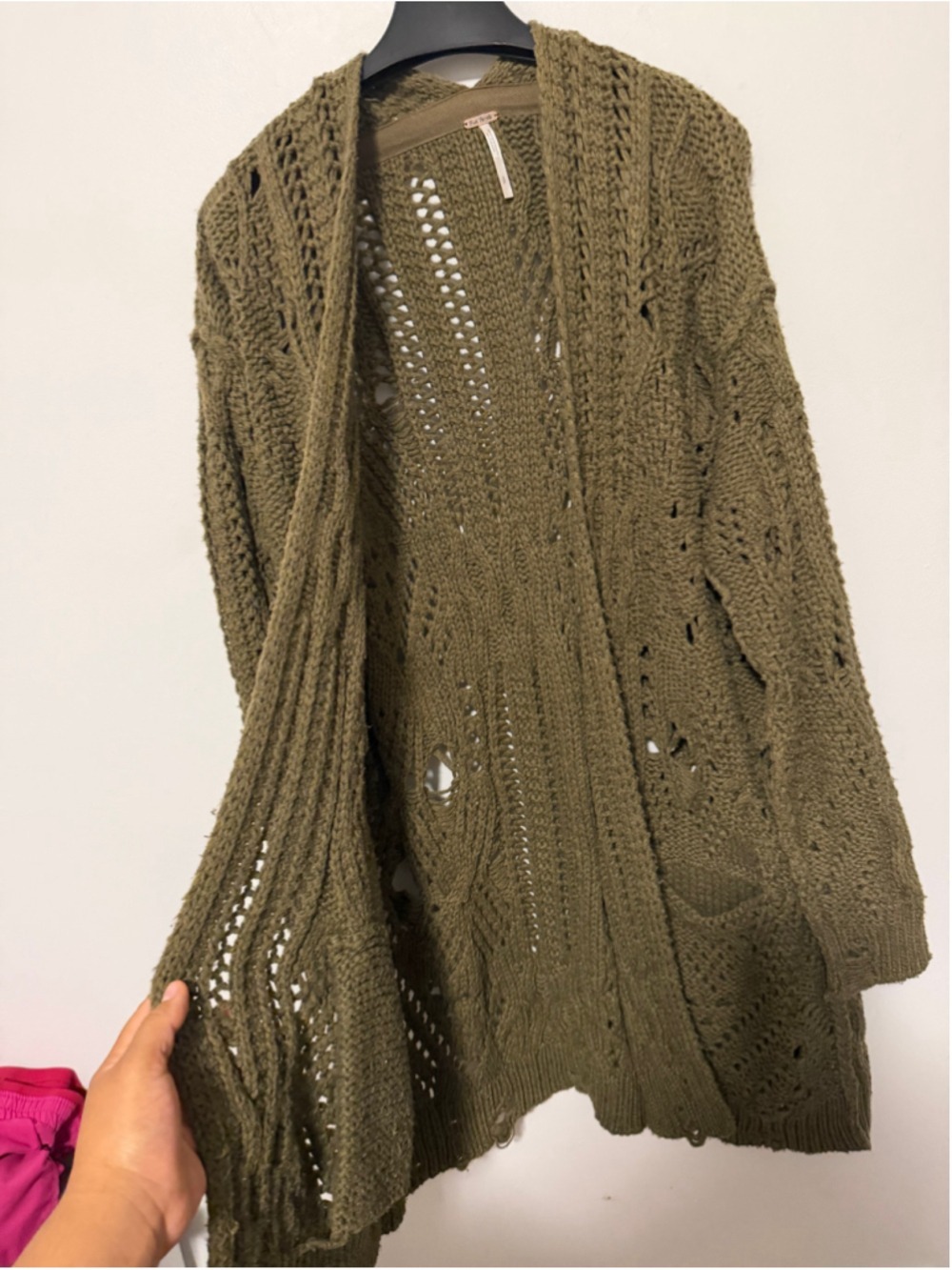 Free People Olive Green Open Knit Cardigan Sweater Women's SP Boho - Picture 6 of 6